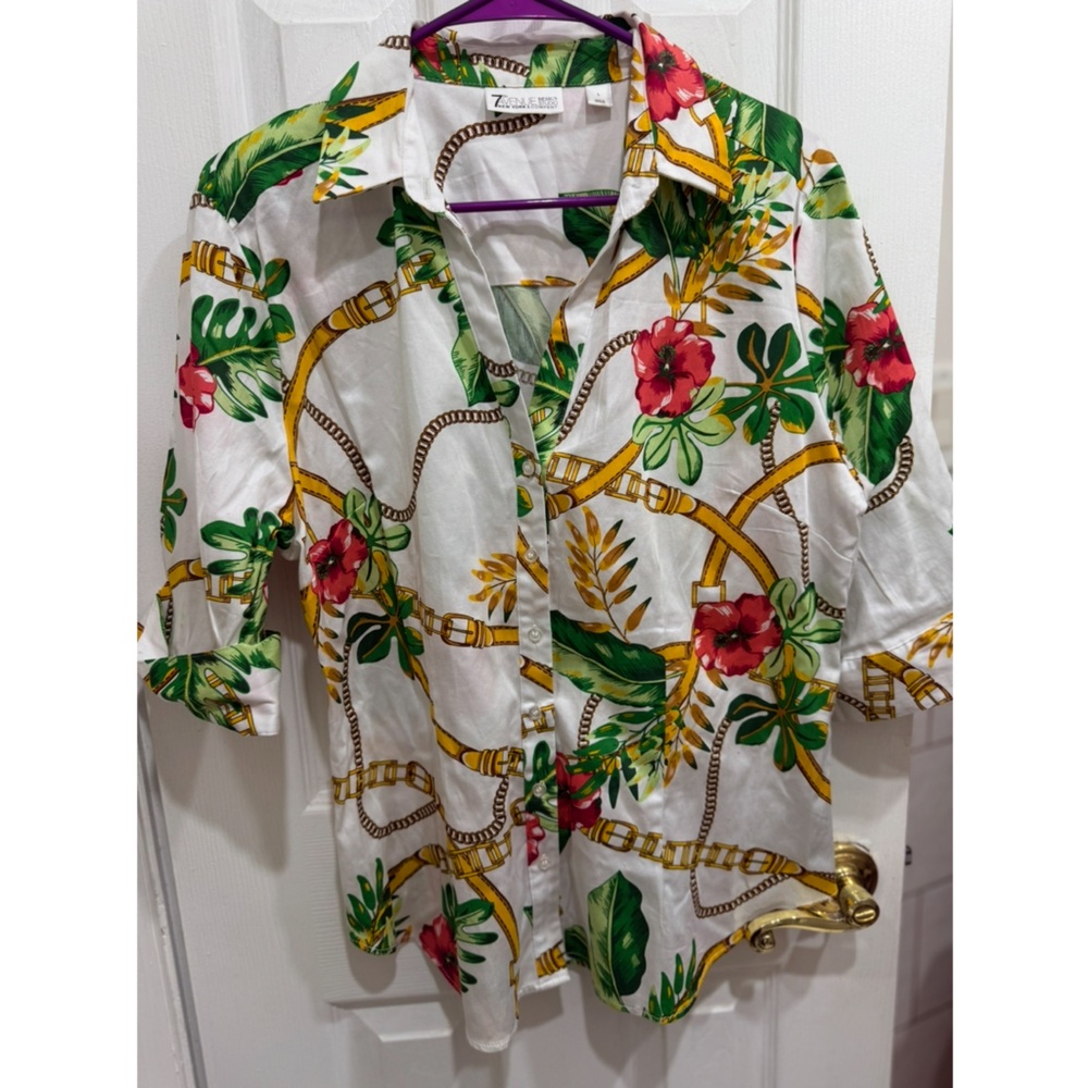 7th Avenue Tropical Floral Buttoned Down Shirt - White, Green, Red, Yellow